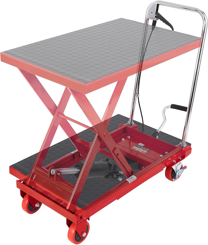 VEVOR Hydraulic Lift Table Cart, 500lbs Capacity 28.5" Lifting Height, Manual Single Scissor Lift Table with 4 Wheels and Non-Slip Pad, Hydraulic Scissor Cart for Material Handling, Red