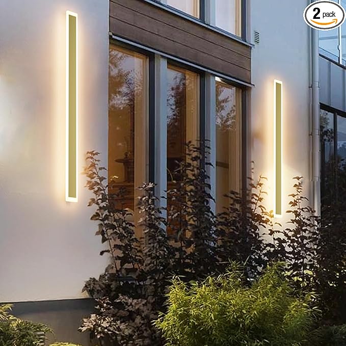 Aipsun Outdoor Wall Sconce 30W LED Modern Porch Patio Wall Light Fixture Gold Exterior Wall Lights Long Strip Frosted White Acrylic 3000K for House Living Room Corridor(2 Packs)