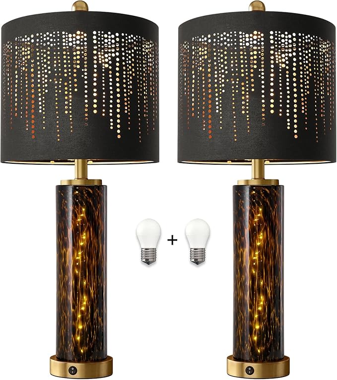 Oneach 27.75" Modern Table Lamps Set of 2, Gold Bedside Lamp with Leopard Glass Nightlight, USB A+C, Black Crystal Shade, Unique Desk Lamps for Living Room, Bedroom, Nightstand (2 Bulbs Included)