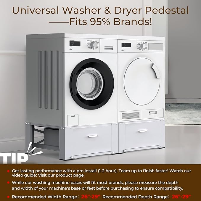 SKM 2-Pack 29" Washer & Dryer Pedestal Stand with Storage Drawer | Heavy-Duty Steel, 700LB Capacity | 14.3" Ergonomic Height, White