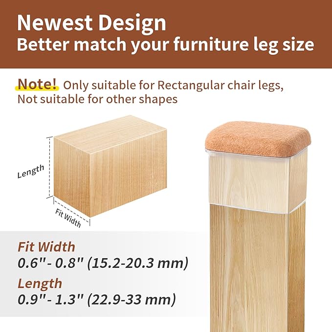 Ezprotekt 24 Pcs Rectangle Clear Felt Chair Leg Floor Protectors Caps for Hardwood Floors, Rectangle Silicone Felt Furniture Pads Cups for Chair Table Desk (Fit W :0.6-0.8", L: 0.9-1.3")