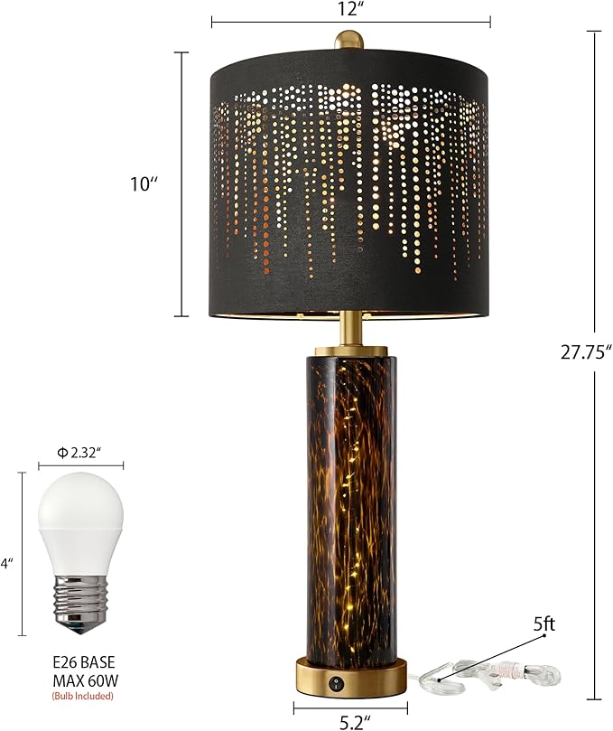 Oneach 27.75" Modern Table Lamps Set of 2, Gold Bedside Lamp with Leopard Glass Nightlight, USB A+C, Black Crystal Shade, Unique Desk Lamps for Living Room, Bedroom, Nightstand (2 Bulbs Included)