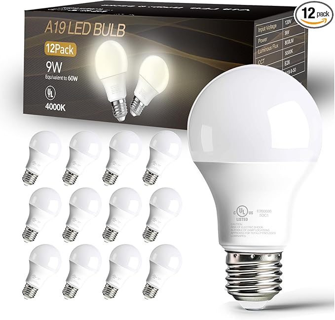 dalattin 12 Pack LED Bulbs Natural White 4000K, 60 Watt Equivalent A19 Standard Bulbs, E26 Base, 800 LM, Efficient 9W Energy Saving, Non-Dimmable, 80+ CRI, 120V, UL Listed, for Living Room, Office
