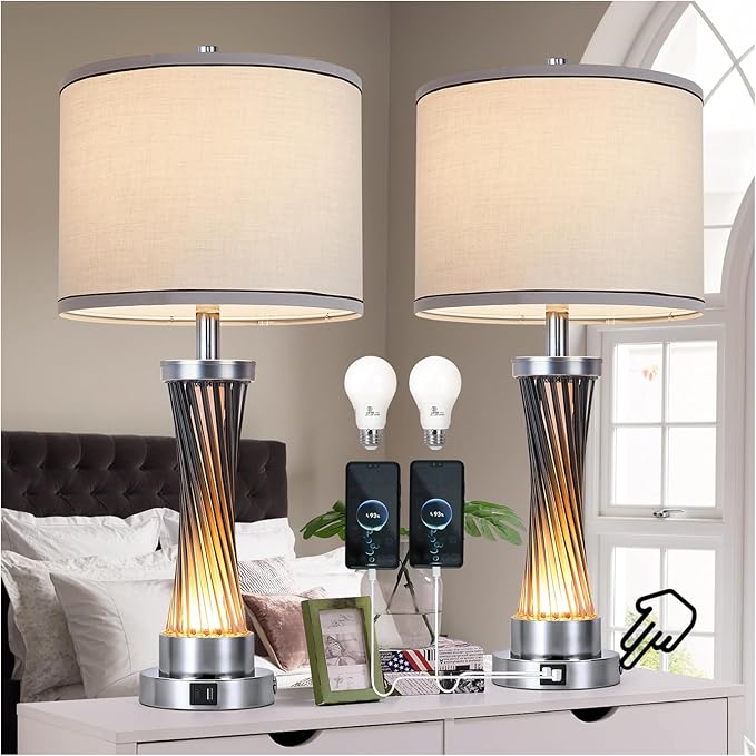 3-Way Dimmable Table Lamp Set of 2,Touch Control Lamp with Night Light,Modern Blue Crystal Table Lamps for Bedroom,Living Room，Bedside Lamps with USB A+C Ports，Fabric Lampshade(Blubs Included)