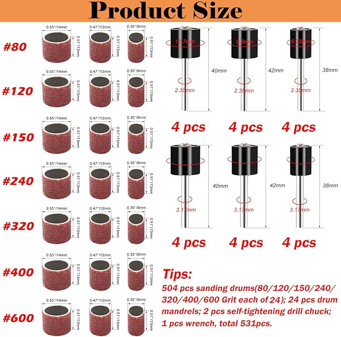 552 Pcs Sanding Drum Set, 504 Pcs 80 120 150 240 320 400 600 Grit Drum Sander Sleeves and 24 Pcs Drum Mandrels,2 Pcs Self-Tightening Drill Chuck and Combination Wrench for Rotary Tool