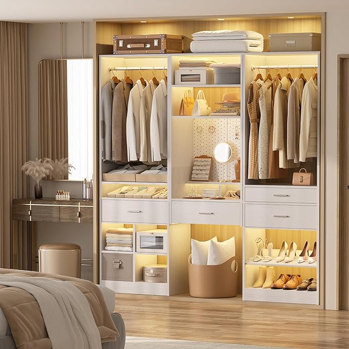 Unikito 75” Modular Closet System, Freestanding Closet Organizer with Hanging Rods and Drawers, Adjustable Clothes Garment Rack with Shoe Rack, Sturdy Walk in Closet Set for Bedroom, Mudroom, White