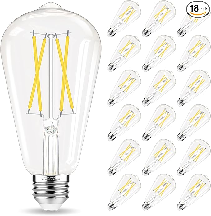 E26 Bulb, Non-Dimmable Edison Bulbs 60 watt Equivalent LED, 4000K Daylight White, ST58 Vintage Light Bulbs, 90+ CRI, 6W 600LM, E26 Medium Base, Clear Glass, 18 Pack