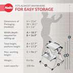 Hailo MK80 Mini Steel Step Stool - Two Large Anti-Slip Steps, 330 lb Capacity - Safety Release Button, Carry Handle - Easy Storage - Silver