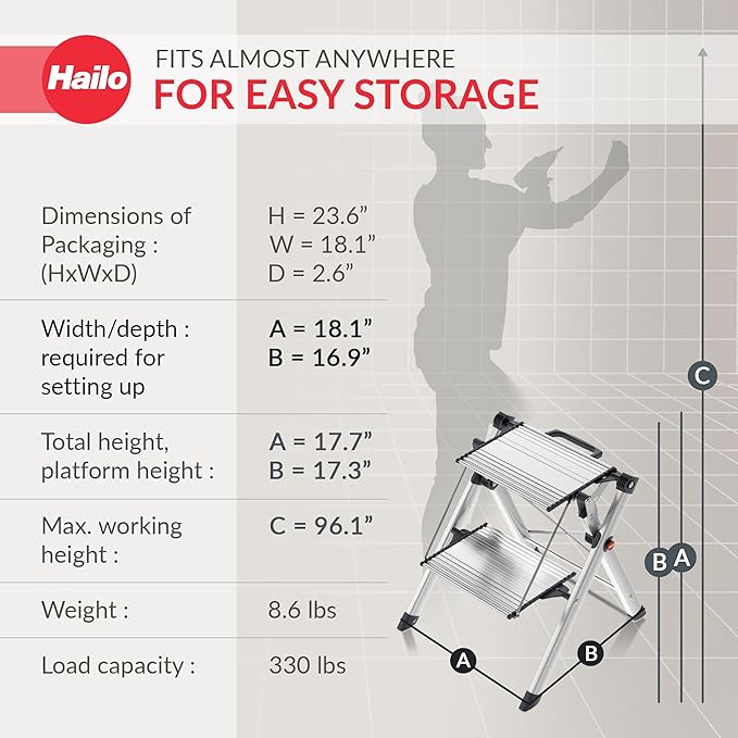 Hailo MK80 Mini Steel Step Stool - Two Large Anti-Slip Steps, 330 lb Capacity - Safety Release Button, Carry Handle - Easy Storage - Silver