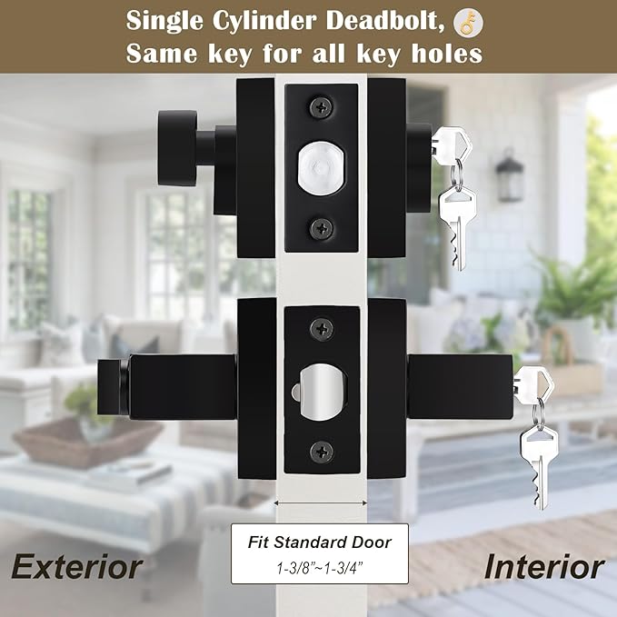 5 Pack Keyed Entry Door Lever and Single Cylinder Deadbolt Set, Keyed Alike Reversible Lockset, Matte Black Square Interior/Exterior Handleset for Bedroom, Front Door