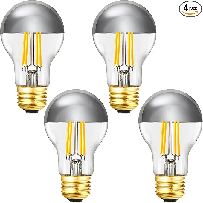 Half Chrome Light Bulb 6W (60 Watt Equivalent), Dimmable A19 Decorative LED Edison Bulb, 4000K Neutral White, E26 Silver Tipped Light Bulb,A60,AC120V, Pack of 4