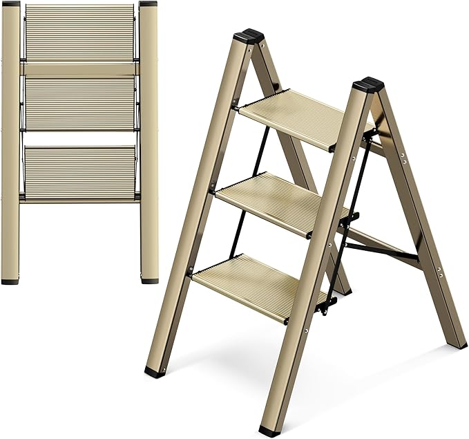 GameGem 3 Step Ladder, Aluminum Folding Step Stool with Anti-Slip Sturdy and Wide Pedal, Lightweight Portable Stepladder for Home and Kitchen Use Space Saving, 330 lbs, Champagne Gold