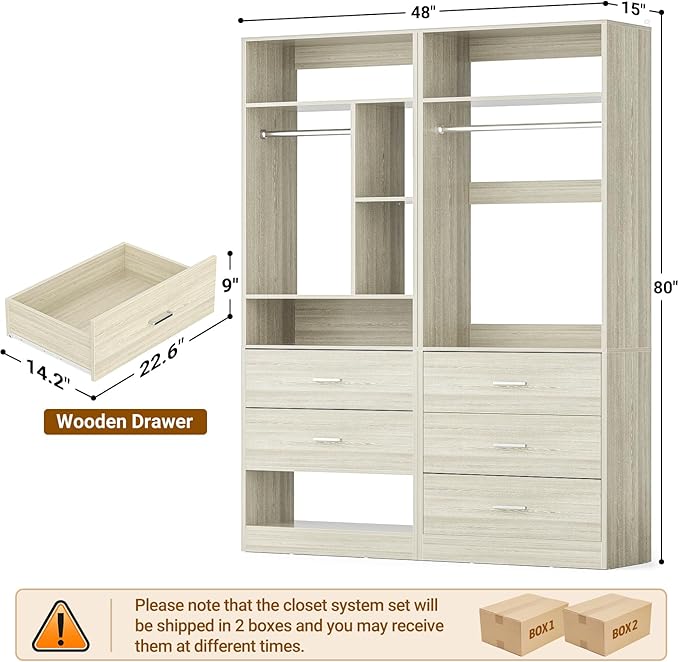 4FT Closet Systems with 5 Wood Drawers, 48 Inch Closet Organizer System with 2 Hanging Rods & 7 Shelves, 48" Walk-in Closet, White Oak (48"L x 15" W x 80" H)