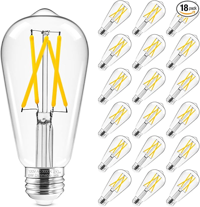 Hizashi Led Edison Bulbs Dimmable, 6W Equivalent 60W, 3000k Soft White, Vintage E26 Base Light Bulbs, 700LM, UL Listed, High CRI 95+ Eye Protection, Clear Glass, Pack of 18