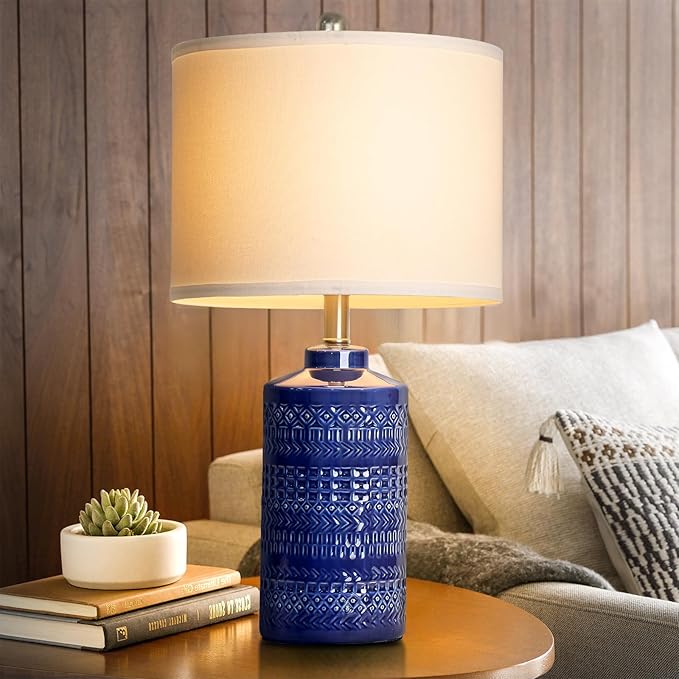 24.5" Navy Blue Table Lamp Modern Bedside Ceramic Lamps for Living Room 3-Way Dimmable Entryway Nightstand Farmhouse Lamp for Home Office Bedroom, Bulb Included