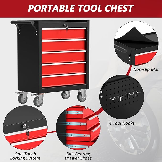 5 Drawers Rolling Tool Chest with Wheels, Portable Rolling Tool Boxes with Wheels, Tool Box Storage Cabinet with Locking System for Garage (BlackRed, 5 Drawers)