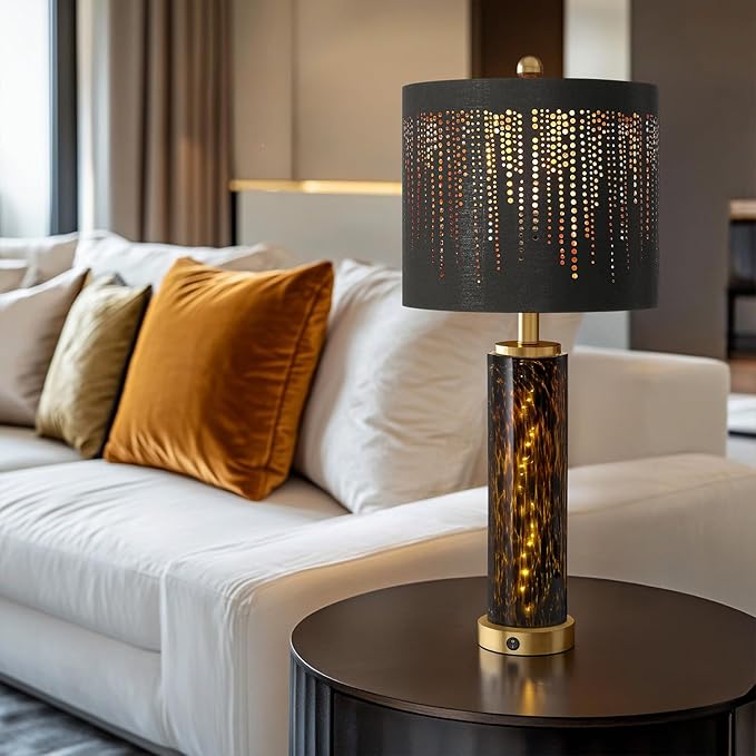 Oneach 27.75" Modern Table Lamps Set of 2, Gold Bedside Lamp with Leopard Glass Nightlight, USB A+C, Black Crystal Shade, Unique Desk Lamps for Living Room, Bedroom, Nightstand (2 Bulbs Included)