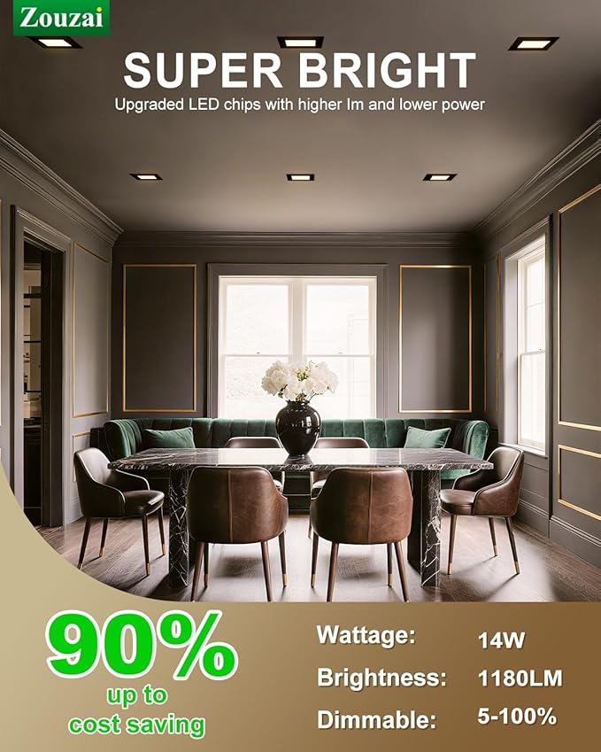 zouzai Square Led Recessed Lighting,5CCT Ultra Thin Square Led Ceiling Light with Junction Box,CRI90,2700K-5000K Selectable,Dimmable Canless Downlight,ETL and Energy Star (Black【12 Pack】, 6 Inch)