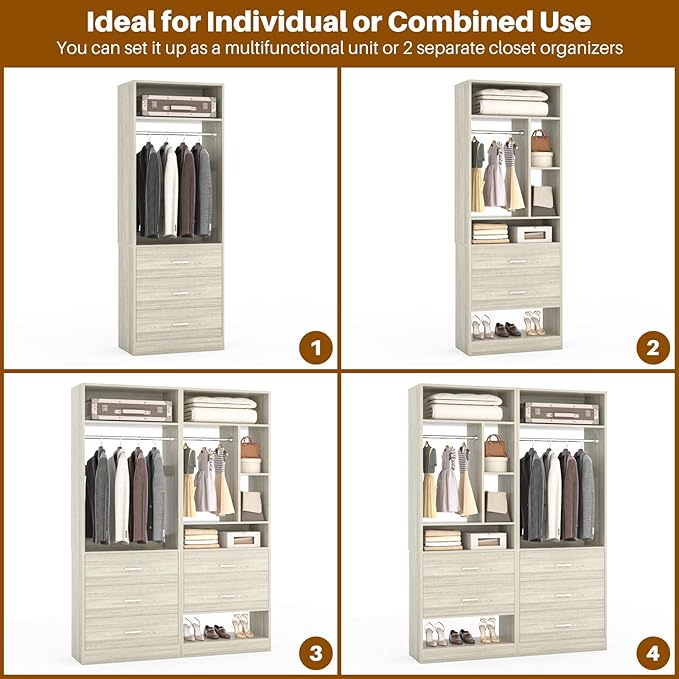 4FT Closet Systems with 5 Wood Drawers, 48 Inch Closet Organizer System with 2 Hanging Rods & 7 Shelves, 48" Walk-in Closet, White Oak (48"L x 15" W x 80" H)