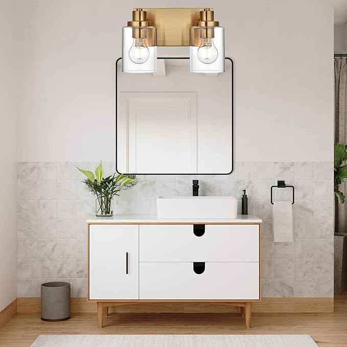 2 Light Bathroom Vanity Lights Brushed Brass Bathroom Lighting Fixtures over Mirror with Clear Glass Shade, Vintage Gold Vanity Light For Bathoom, Modern Bathroom Wall Vanity Lighting Fixtures