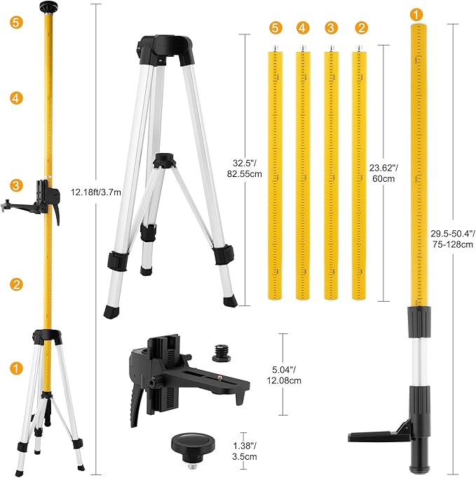 Laser Level Pole with Tripod, Professional 12 Ft./3.7M Telescoping Pole Laser Stand Tall Mount for Rotary Line Lasers, Aluminum Material with 1/4" & 5/8" Threaded Mount Adapter, with Bag