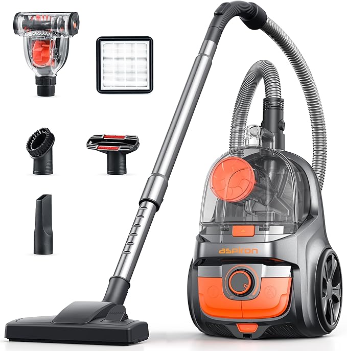 Aspiron Canister Vacuum Cleaner, 30Kpa Bagless Vacuum Cleaners, 3.7QT Large Dust Cup, Double HEPA Filter, Retractable Cord, 1600W Lightweight Vacuum Cleaner with 5 Tools for Hard Floors, Tangerine