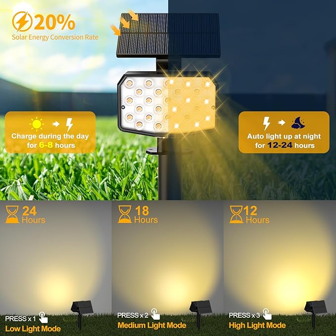 Solar Spot Lights Outdoor Waterproof Adjustable Solar Powered Landscape Lights for Yard 3 Long Time Lighting Modes Spotlights for Pathway Garden Outside Wall Pool Porch- 6 Pack, Warm White