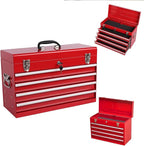 4 Drawers Metal Tool Box, 21" Portable Steel Tool Chest w/Key Lock & Latch Closure, Multi-Function Top Storage Tray Toolbox w/Powder Coating & Ball Bearing Slides for Garage & Workshop (Red)