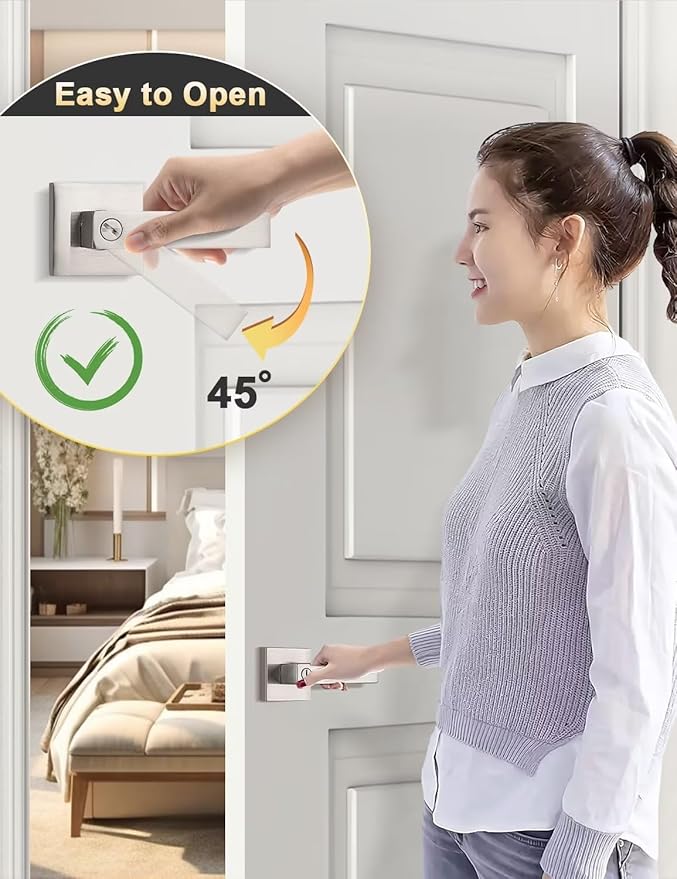 2 Pack Privacy Square Brushed Nickel Door Handle Interior, Keyless Door Knob for Bedroom/Bathroom, Reversible for Left Right Handed Doors