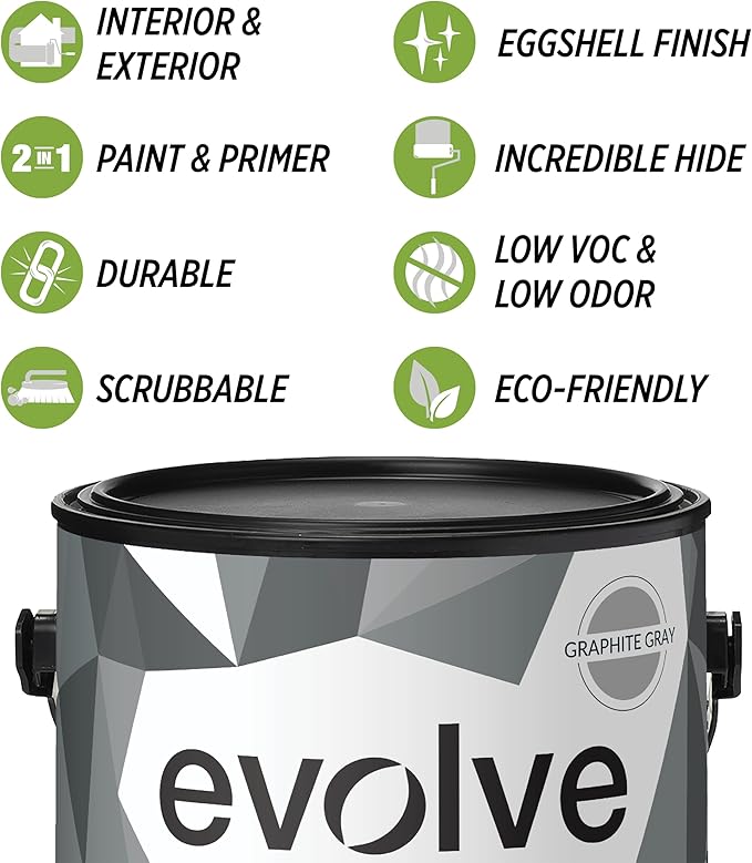 EVOLVE Paint & Primer: Environment-friendly, Low Sheen with One-coat Coverage for Interior & Exterior surfaces (Graphite Gray, 1-Gallon)