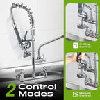 Commercial Sink Faucet with Sprayer 8 Inch Center Wall Mount Kitchen Sink Faucet with 10" Add-on Swing Spout 25" Height Faucet with Down Pre-Rinse Sprayer