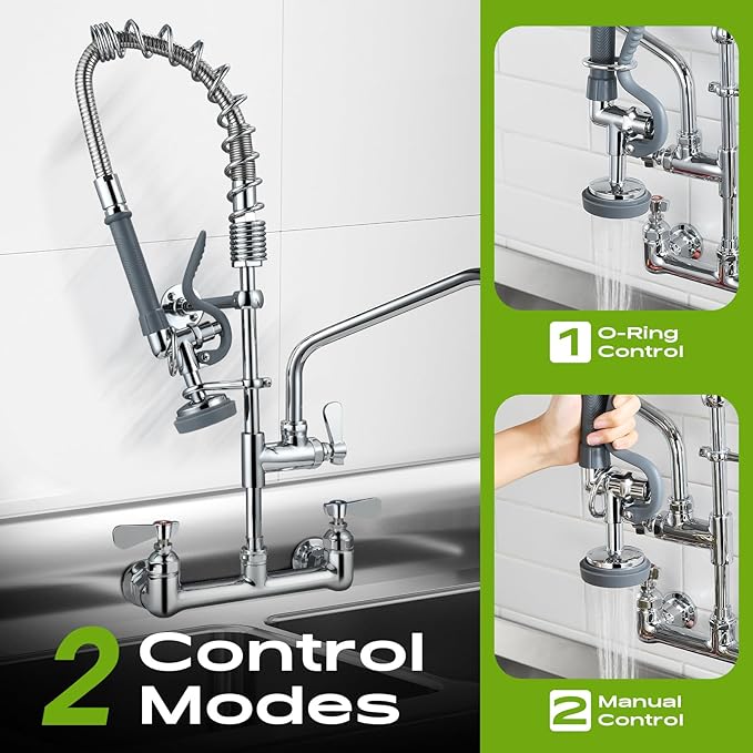 Commercial Sink Faucet with Sprayer 8 Inch Center Wall Mount Kitchen Sink Faucet with 10" Add-on Swing Spout 25" Height Faucet with Down Pre-Rinse Sprayer