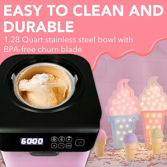Whynter Ice Cream Maker Machine Automatic 1.28 Qt Upright with Built-In Compressor, LCD Digital Display & Timer, No Pre-Freezing, ICM-128BPS, Black/Pink