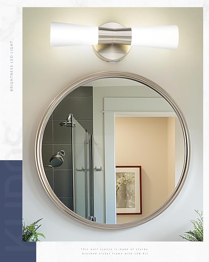 kudos Bathroom Sconces Set of 2,16inches Brushed Nickel Vanity Light Fixtures, Modern Sconces Wall Lighting with Milk White Glass, Dimmerable 3000K/4000K/5000K for Bedroom Hallway, KDVL13-BN-2PK