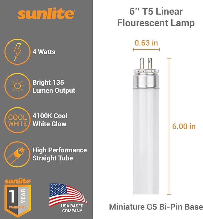 Sunlite 6-Inch F4T5/CW T5 Linear Fluorescent Lamp, 4 Watts, 135 Lumens, 4100K Cool White, Miniature G5 Bi-Pin Base, ROHS Compliant, High Performance Straight Tube, 10 Pack