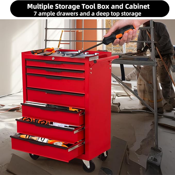 7-Drawer Rolling Tool Chest w/Drawers & Lock, Tool Storage Cabinet with Lockable Wheels, Top Cushion & Drawer Liners, Tool Organizer Box for Garage, Warehouse & Repair Sho
