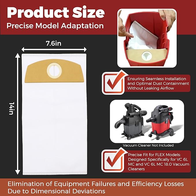 6-Pack Wet/Dry Dust Bags for FLEX 24V Brushless Wet/Dry Vacuum | Filter Bags Compatible with FLEX VC 6L MC & VC 6L MC 18.0 | Vacuum Cleaner Replacement Bags 487287