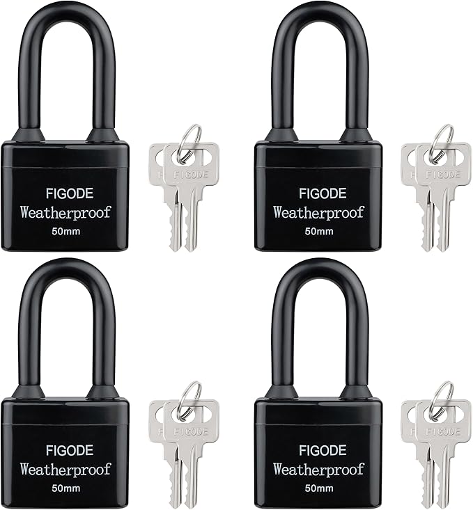 FIGODE® Outdoor Waterproof Padlocks, Covered Heavy Duty Laminated Steel Locks, Large Sturdy Locks, 2.2 in. Wide, 4 Locks Same Key, Long Padlocks