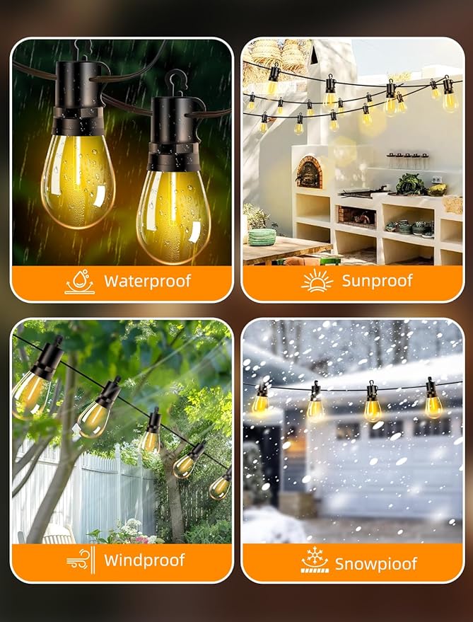 Outdoor Patio String Lights: S14 Shatterproof Bulb Outside Waterproof Light - 150Ft 45M Remote Dimmable Connectable Hanging Outdoor Electric Lighting - Garden Backyard Yard Gazebo Porch Party