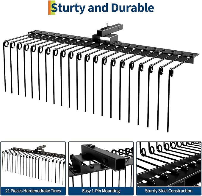 Tow Behind Landscape Rake, 60" Tow Dethatcher with 21 Steel Coil Tines, Lawn Dethatcher Rake Attaches to 48" or 60" Toolbars and 3-Point Suspension Systems, for Leaves, Pine Needles, and Grassn, Black