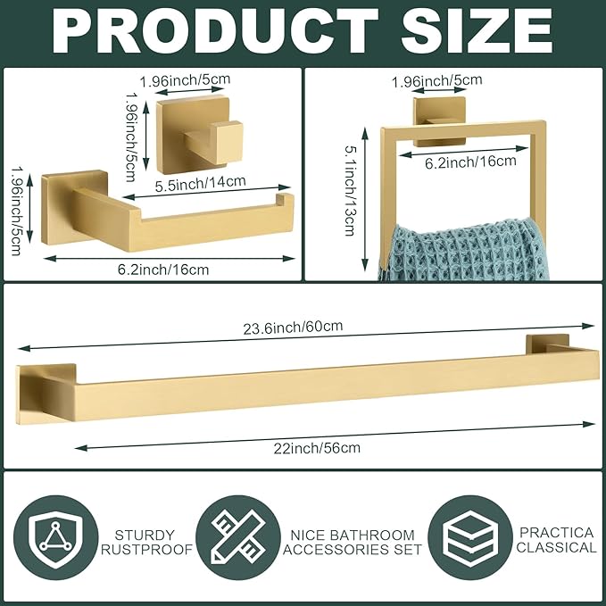 Gisafai 25 Pcs Bathroom Hardware Accessories Set 23.6 Inch Bath Towel Bar Kit Stainless Steel Bathroom Hardware Set Towel Racks Ring Hooks Paper Holder for Wall Mounted (Gold)