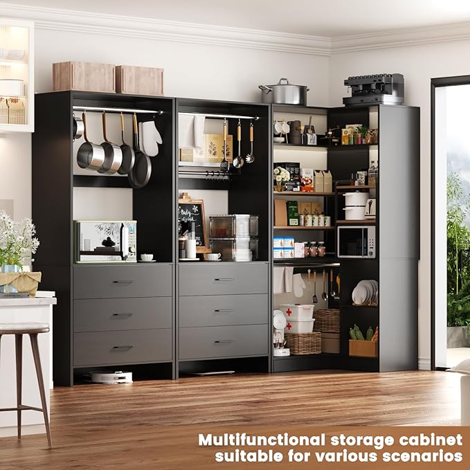 Aheaplus Closet System with 6 Drawers, 4 Hanging Rods & Corner Tower, Corner Closet System with Hanging,80.9" L-Shaped Walk-In Wardrobe Organizer, 2000+ lbs Capacity, Set of 3, Black