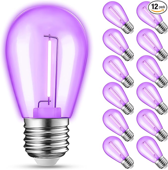 12-Pack Purple String Light Bulbs, Patio String Light Replacement Bulbs for Outdoor Indoor, 1W E26 Base S14 LED Colored Light Bulbs for Christmas Halloween,Holiday,Home Decor
