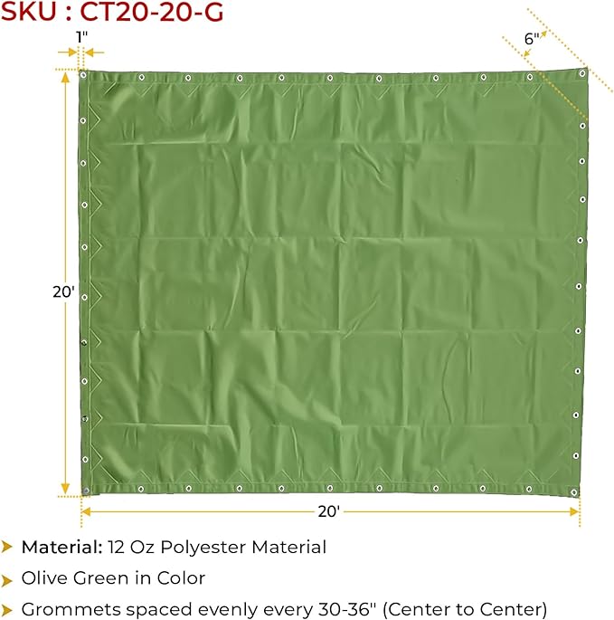 Mytee Products 20' x 20' Green Canvas Tarp 12oz Heavy Duty Water Resistant