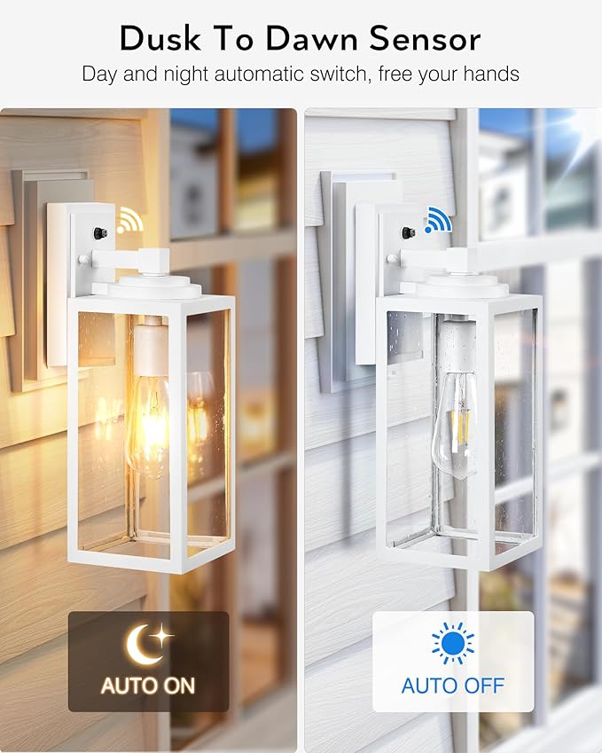 VIANIS 14.5" Dusk to Dawn Outdoor Lighting, White Exterior Light Fixtures with Tempered Seeded Glass, Waterproof Outdoor Wall Light Fixture, Anti-Rust Aluminium Porch Lights Outdoor for Porch, Garage