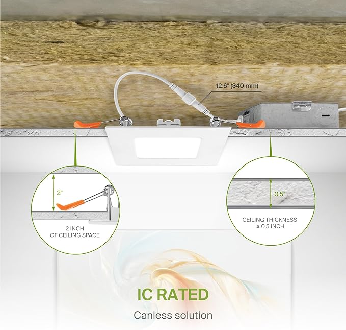 ASD 6 Pack LED Square Recessed Lighting 3 Inch, 5 CCT 2700K-5000K CRI90+, 6W 30W Eqv, Ultra Thin Dimmable Ceiling Lights with J Box, Canless Wafer Downlight, Slim Panel Light, UL Energy Star, White