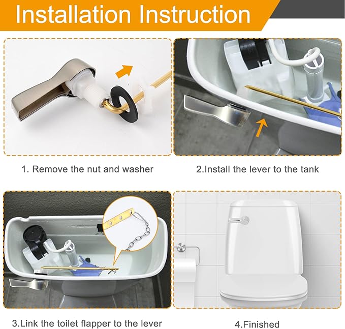 Hibbent Universal Metal Front Mount Toilet Handle Replacement Kit, Brass Toilet Flush Tank Lever with Stainless Steel Flapper Chains for Most Toilets, Brushed Nickel Finish