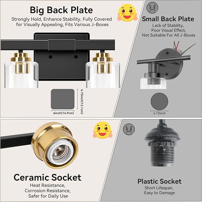 4-Light Bathroom Light Fixtures, 27" Modern Vanity Lights Over Mirror with Clear Glass Shades, Black & Gold Wall Sconce, Classic Wall Light Fixture for Mirror Living Room Cabinet Bedroom Porch Kitchen