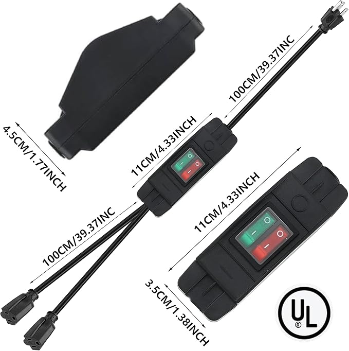 Black 2 Way Extension Cord with On/Off LED Switch, Fiabtool 3 Prong Extension Cord Splitter, Heavy Duty Plug Splitter, SJTW 18AWG 10A/125V, Indoor Use (6.56 Ft, Black)