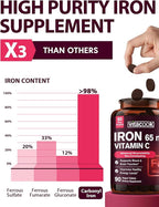 Iron Supplement for Women Men | High Potency Iron 65mg with Vitamin C 250mg | Stomach Friendly Iron Pills for Red Blood Cell & Immune Support | Vegan, Non-GMO & Gluten Free | 90 Tablets